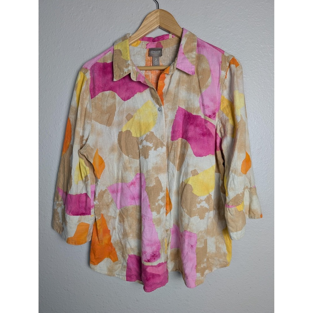 Chicos Shirt Womens L Multicolor Linen Button Front 3/4 Sleeve‎ Tunic Top
